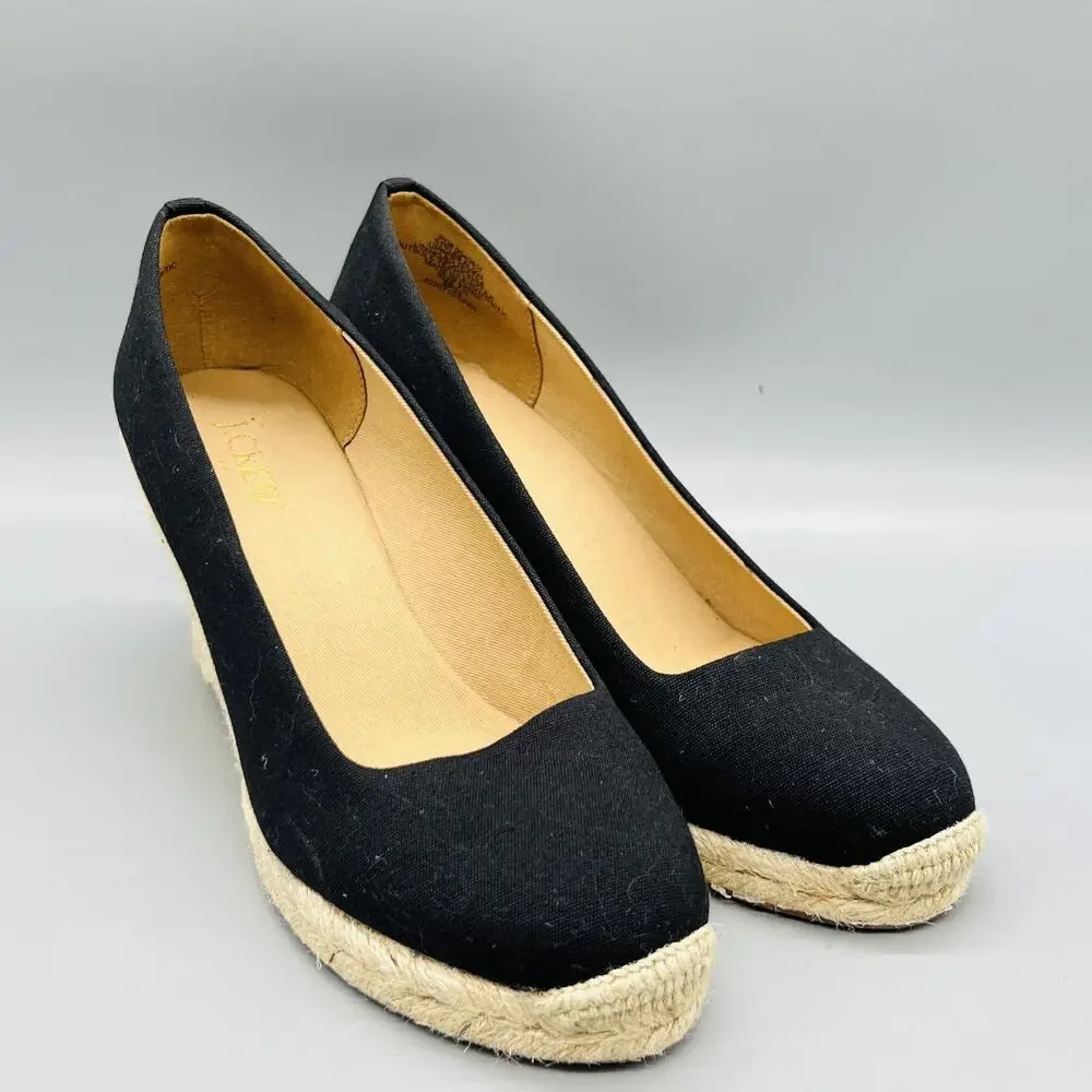 J Crew Shoes Womens 7.5 Black Cotton Espadrille Wedge Heels Round Toe Slip On